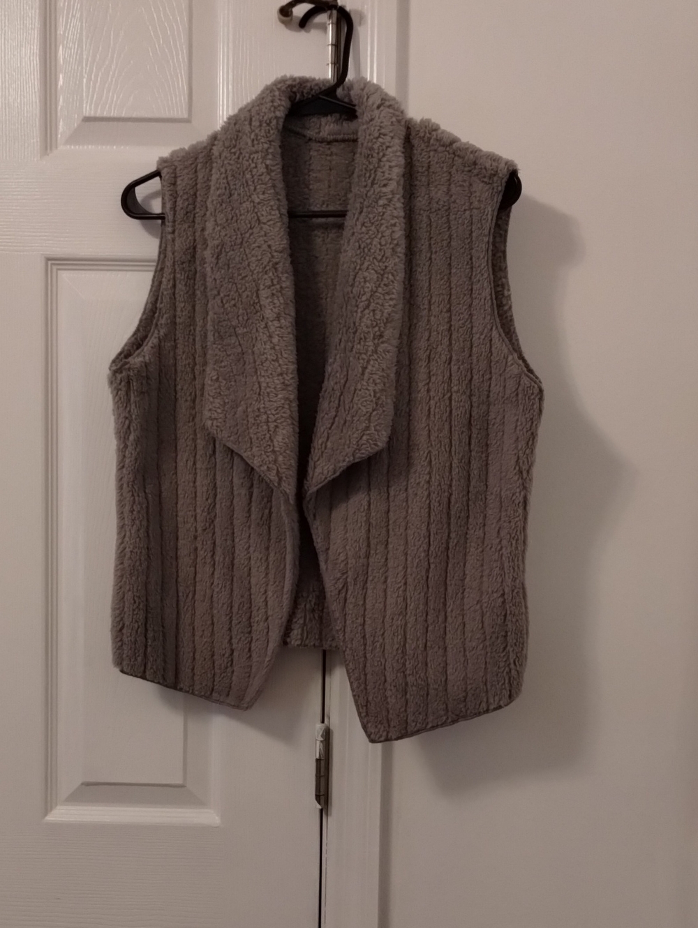 Women's Taupe Open-Front Sherpa Vest with Shawl Collar